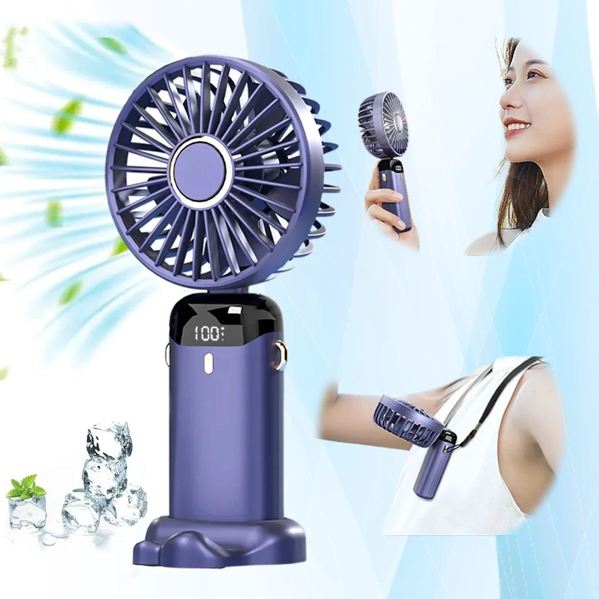 USB Rechargeable Handheld Fan - Portable Neck Fan, Foldable, 5 Speeds, Powerful Air Cooler