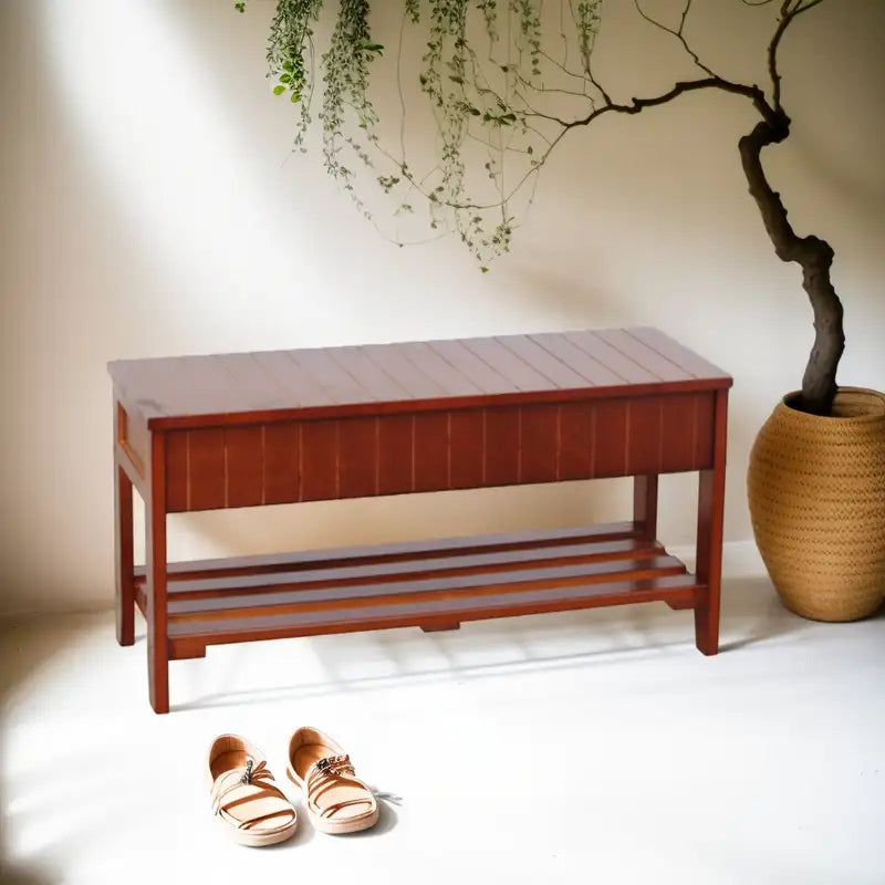 Cherry Wood Shoe Bench with Storage - Solid Wood Entryway Organizer