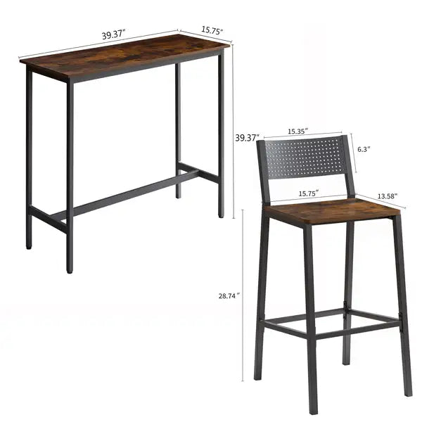 Industrial Bar Stool Set | 3-Piece Iron & Wood Bar Stools with Backrest for Kitchen, Bar, Restaurant - Minihomy