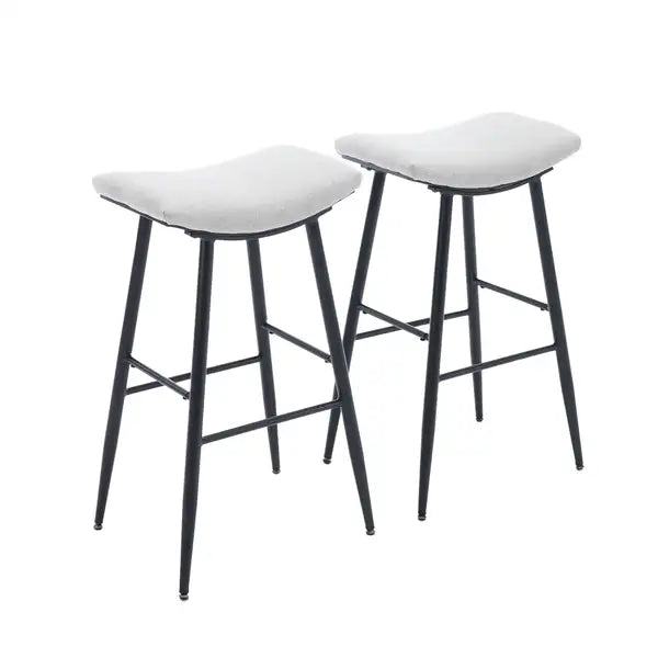 Counter Height Bar Stools Set of 2 - Linen Upholstered with Footrest, Beige Gray & Pale Blue - Minihomy