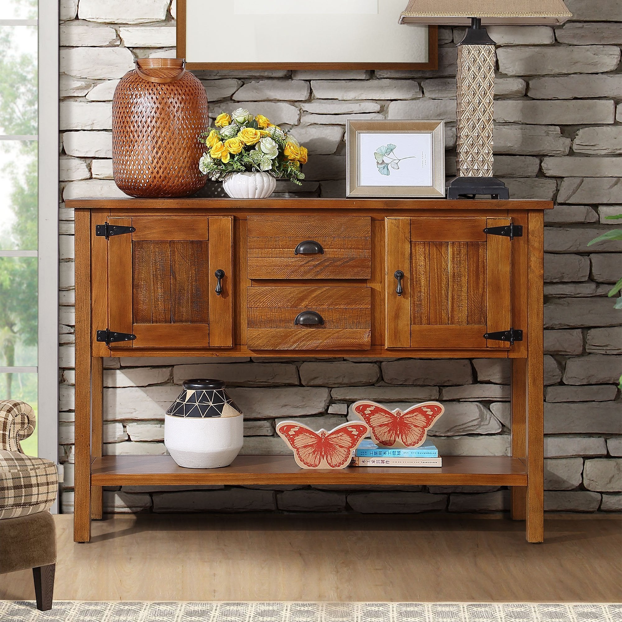 48" Solid Wood Sideboard Console Table with Storage - Retro Style Buffet Server Cabinet for Living Room, Kitchen & Dining Room (Brown)