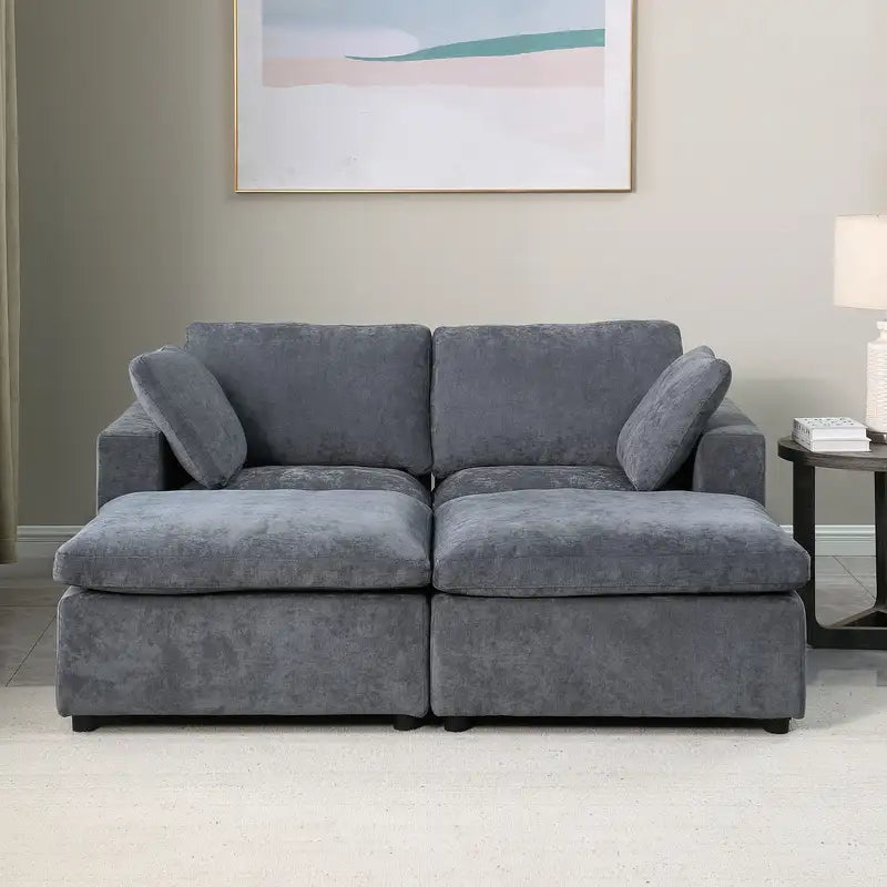 Grey Chenille Modular Sofa Sleeper & Ottomans - 68.5" Loveseat