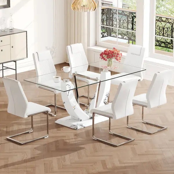 Modern Glass Dining Table & Chair Set for 6-8 People - Tempered Glass Top, MDF Legs - Minihomy