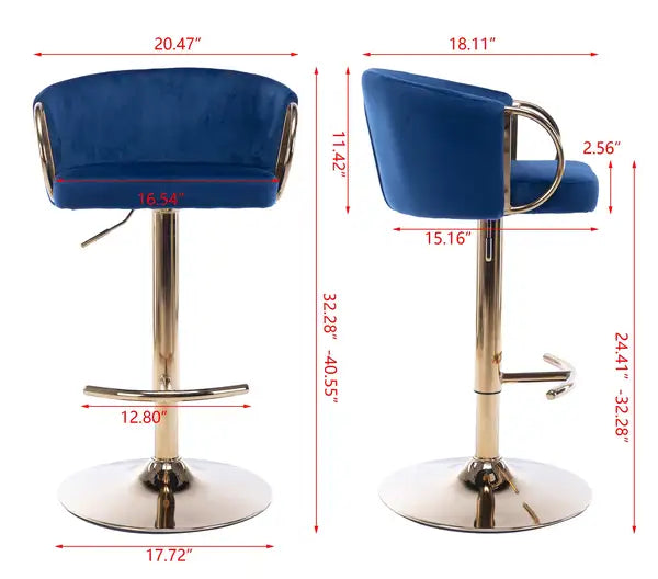 Set of 2 Swivel Bar Stools | Adjustable Height, Velvet Seat, Chrome Base - Navy Blue