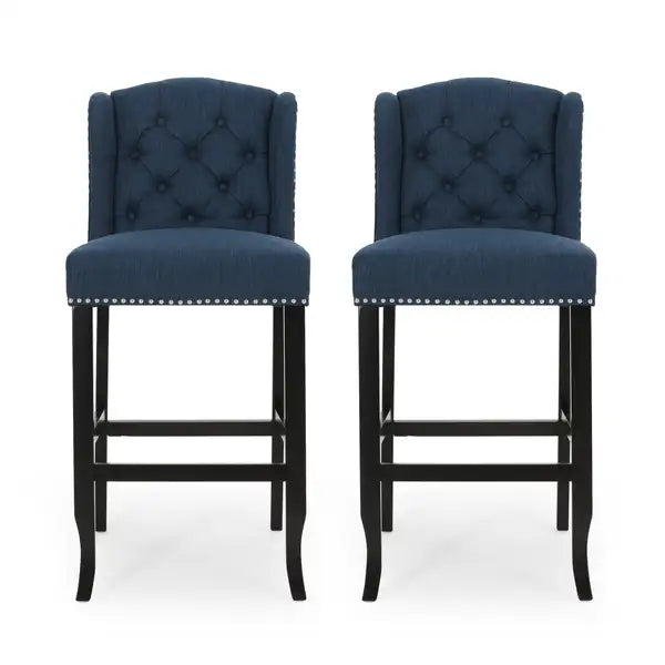 Navy Blue & Dark Brown Tufted Wingback Counter Stools (Set of 2) - 31 Inch Vienna Contemporary Fabric - Minihomy