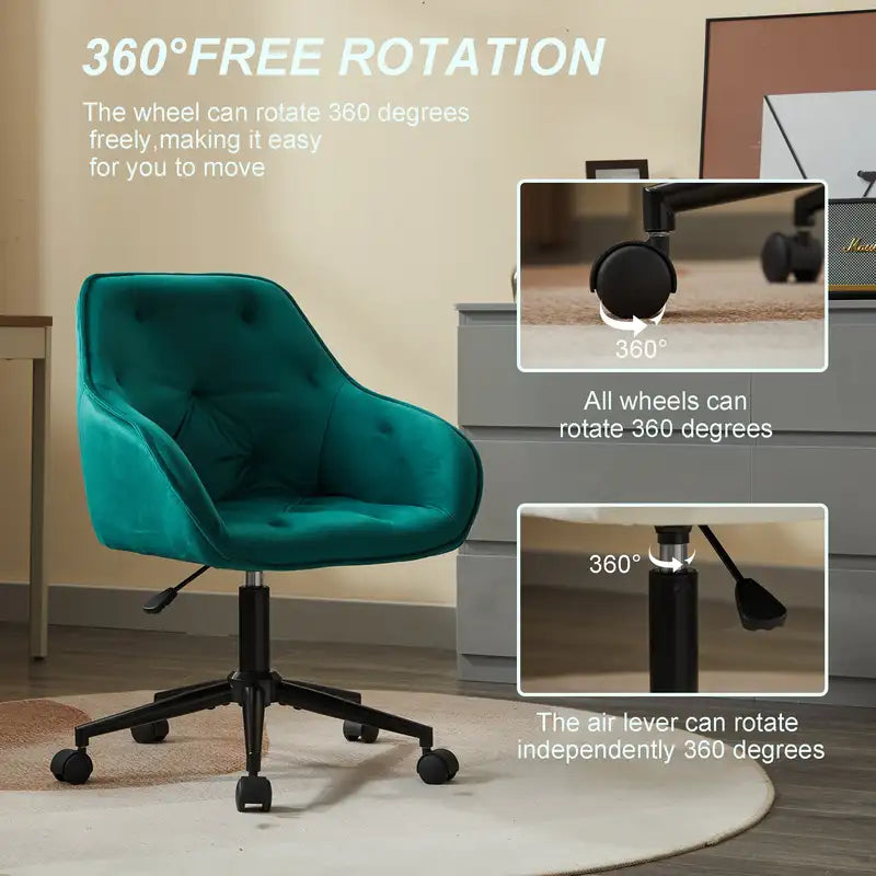 Adjustable Velvet Office Chair with Wheels - Green - Comfy Swivel Chair for Home & Office