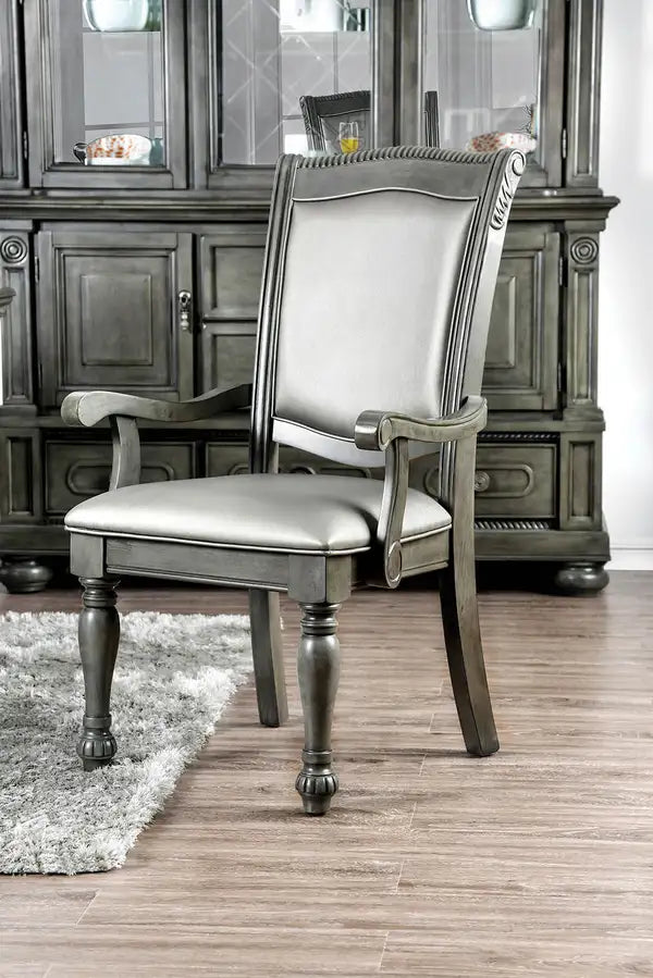 Gray Leatherette Dining Arm Chairs - Set of 2, Classic Wood