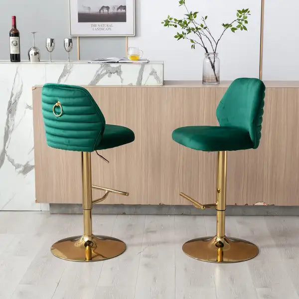 Modern Velvet Bar Stools Set of 2, Adjustable Counter Height, Tufted High Back, Green & Gold - Minihomy