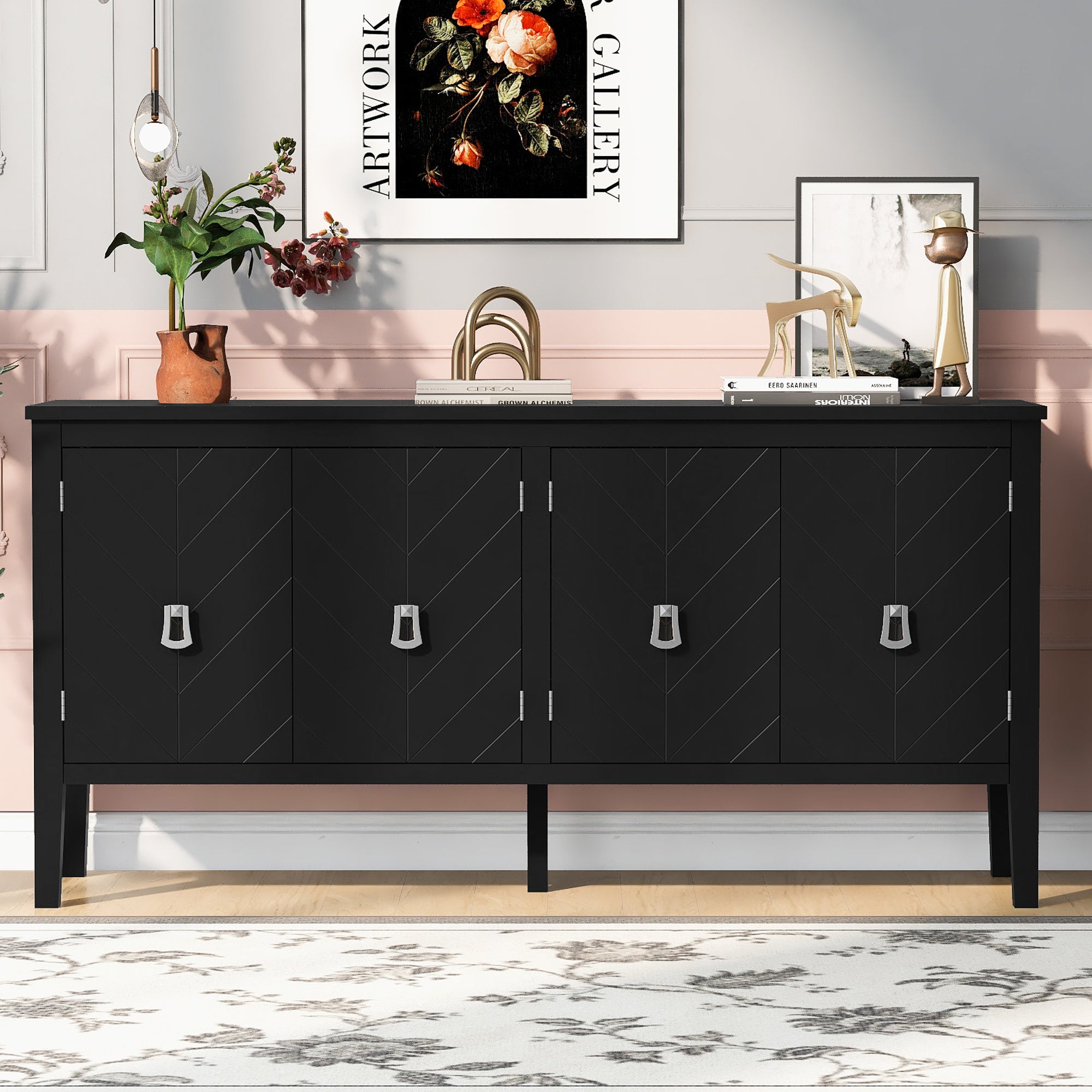 Four-Door Sideboard with Geometric Lines & Vintage Handles - Living Room, Entryway, Study