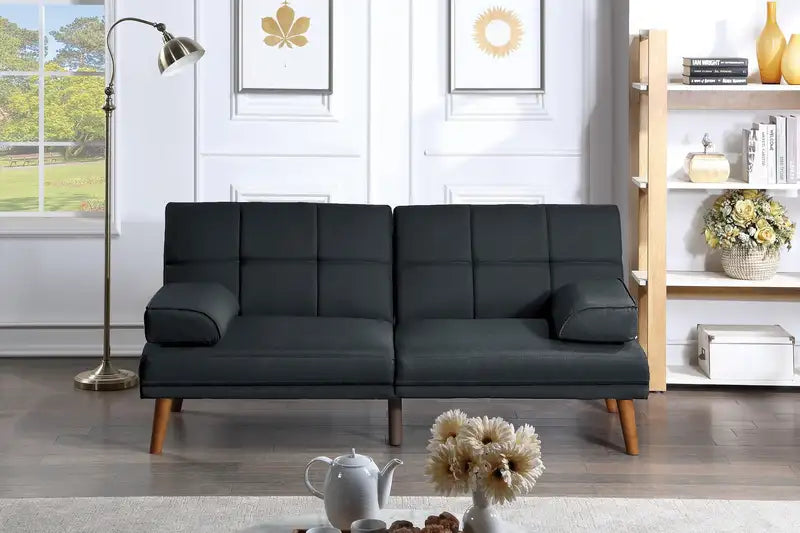 Black Tufted Sofa with Wood Legs & Adjustable Polyfiber Cushions