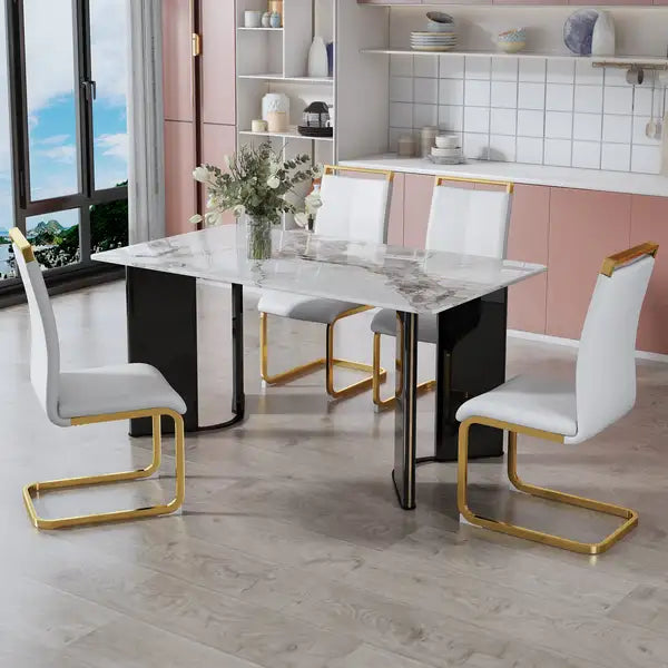 White Marble Table & 4 Gold Metal Chairs with PU Cushions - HH1162