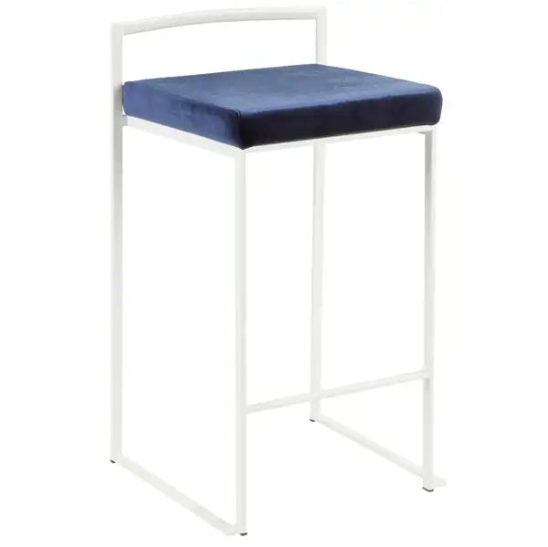 LumiSource Fuji White Counter Stools with Blue Velvet Cushions (Set of 2)