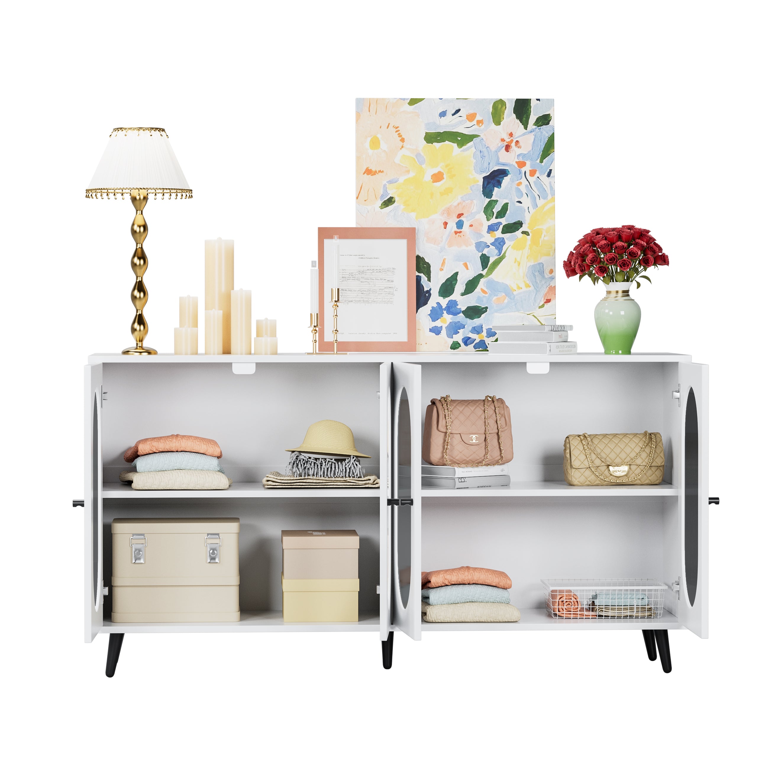 White Modern Accent Sideboard Cabinet with Acrylic Doors - Storage Console Table for Living Room, Kitchen, Hallway & Office