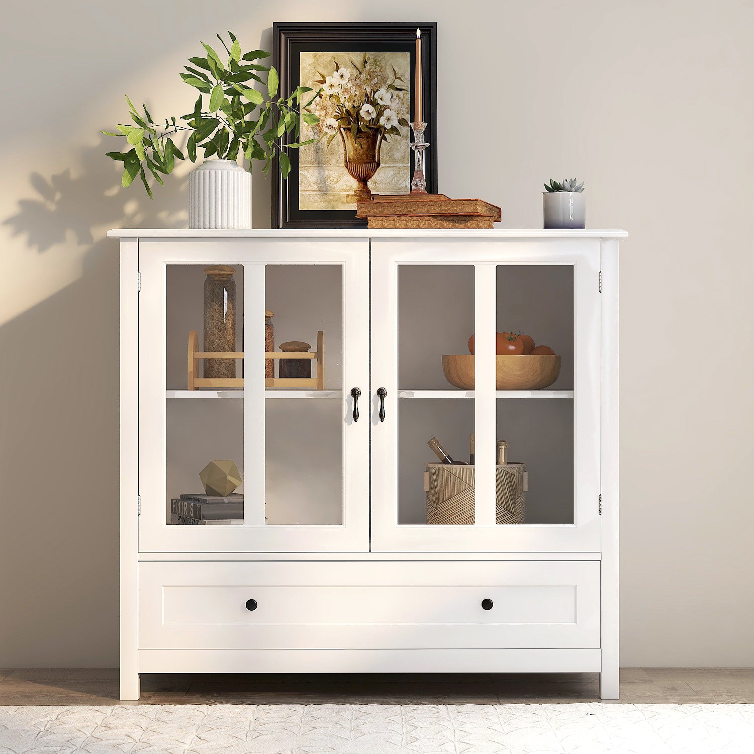 Buffet Storage Cabinet with Glass Doors & Bell Handle - Rustic Farmhouse Style