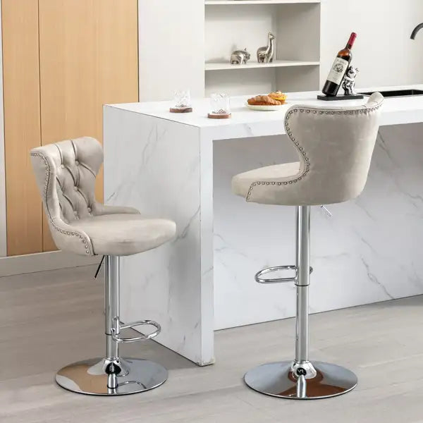 Olive Green Swivel Bar Stools with Backs - Adjustable Height, Chrome Base, Tufted - SW1844BG - Minihomy