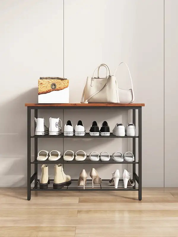 4-Tier Metal Shoe Rack Organizer - Modern Shoe Storage Shelf with MDF Top