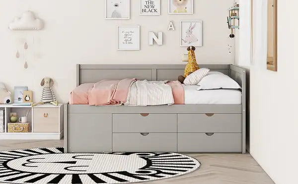 Full Size Daybed with Storage Drawers & Shelves - Gray - Minihomy