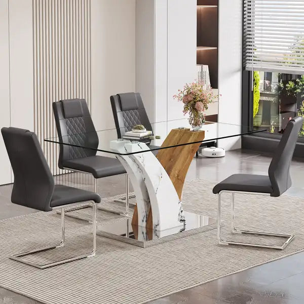 Modern Dining Table Set with Tempered Glass Top & Comfortable Chairs - 4 Person