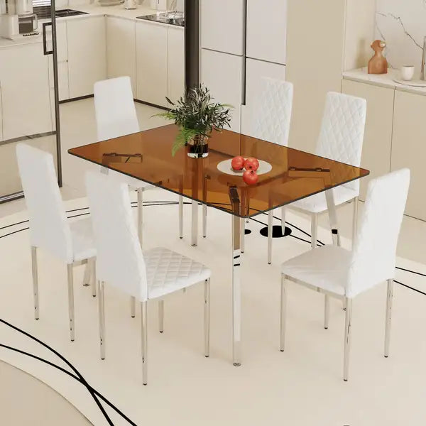 Modern Rectangular Dining Table & 6 White Chairs - Brown Glass Top, Silver Legs