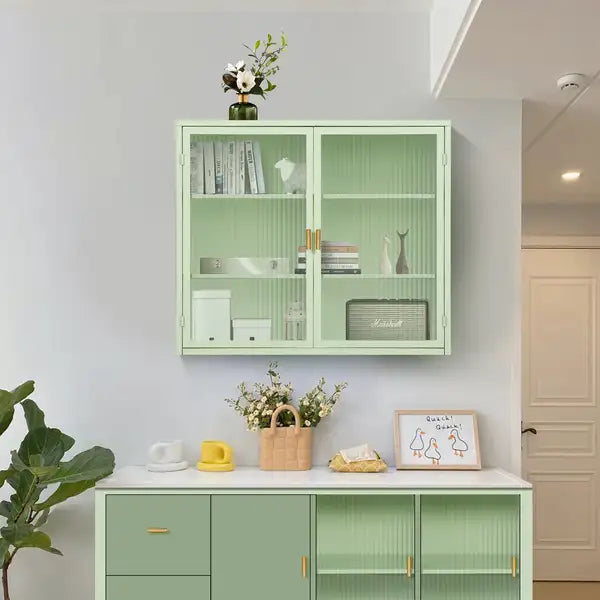 Mint Green Wall Cabinet with Glass Doors - 3-Tier Storage for Entryway, Living Room, Bathroom, Dining Room