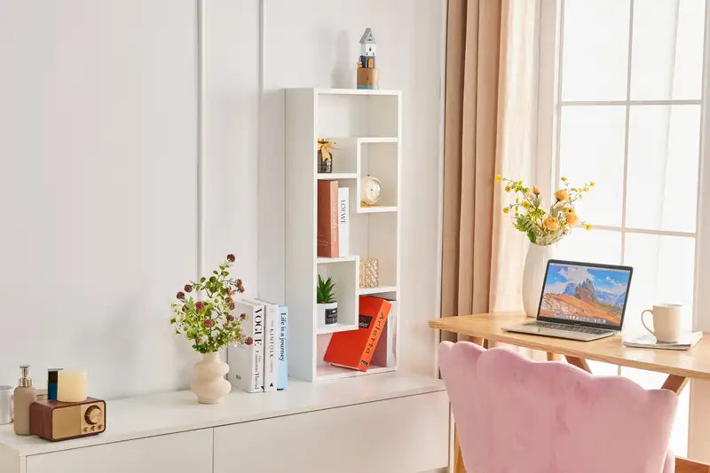 5-Cube White Wood Bookcase - Freestanding Open Shelf for Home Office