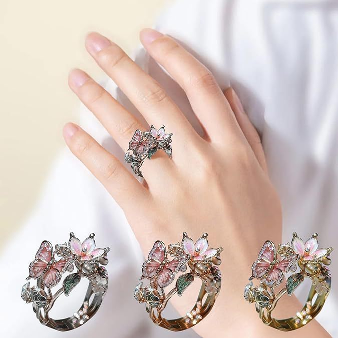 Gold Plated Butterfly Flower Crystal Ring for Women - Elegant Aesthetic Jewelry