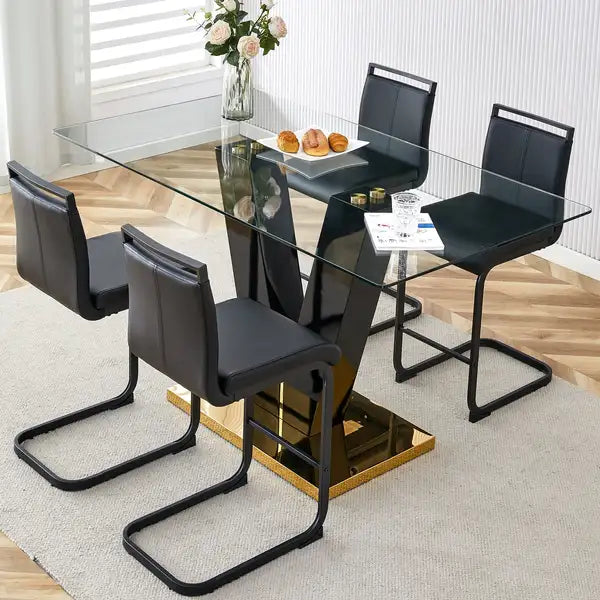 Glass Dining Table Set with Chairs - Tempered Glass Top, V-Shaped Base, PU Cushions