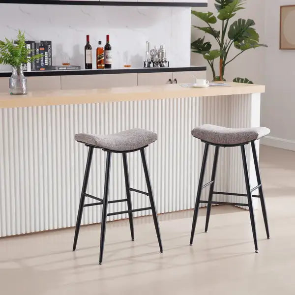 Counter Height Bar Stools Set of 2 - Linen Fabric Upholstered with Footrest - Coffee - Minihomy