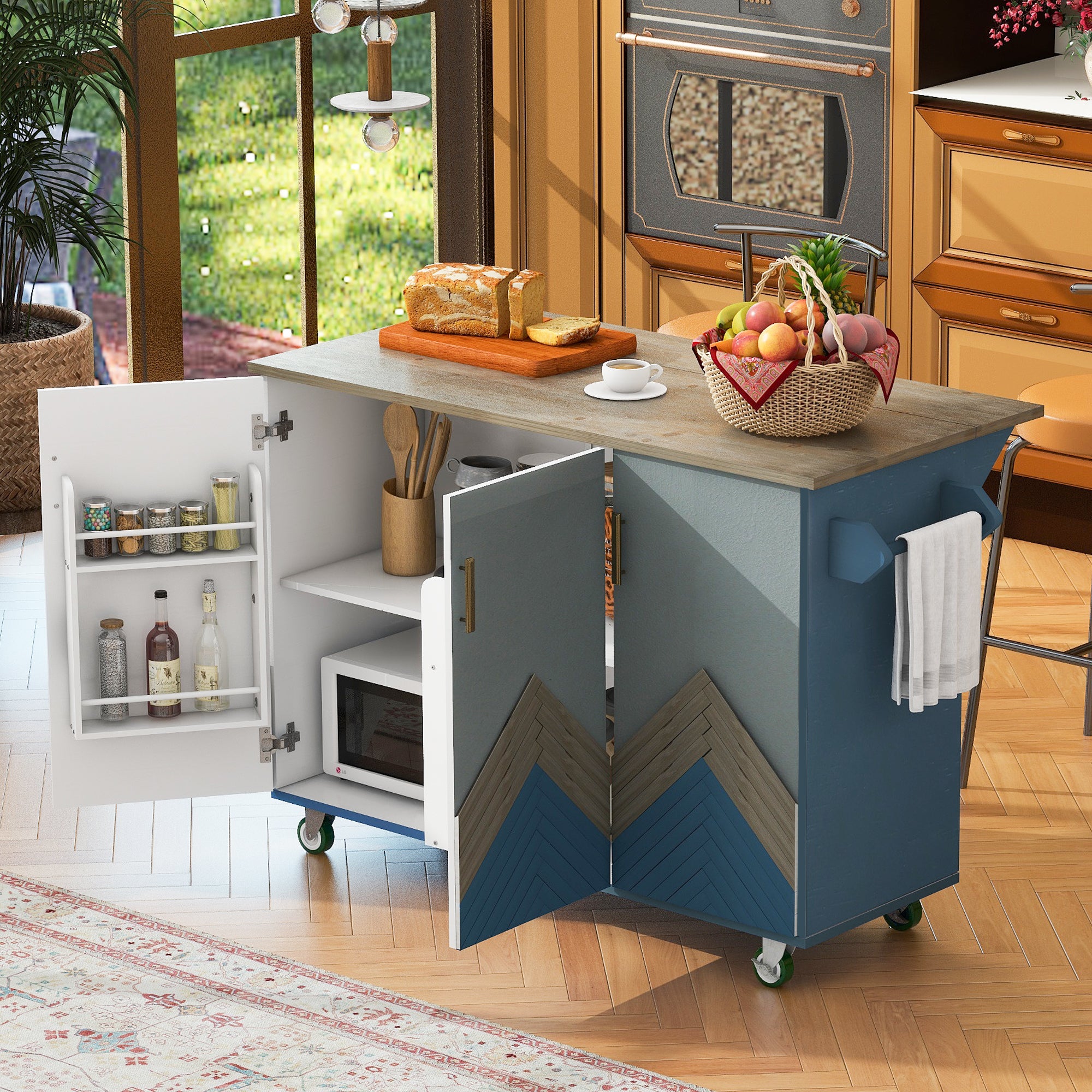 Retro Mountain Wood 47" Kitchen Island with Drop Leaf & Storage - Navy Blue Rolling Cart