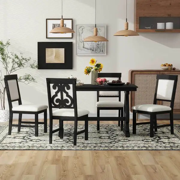 TREXM 5-Piece Retro Dining Set - Black Wooden Table & Upholstered Chairs for Kitchen/Dining Room