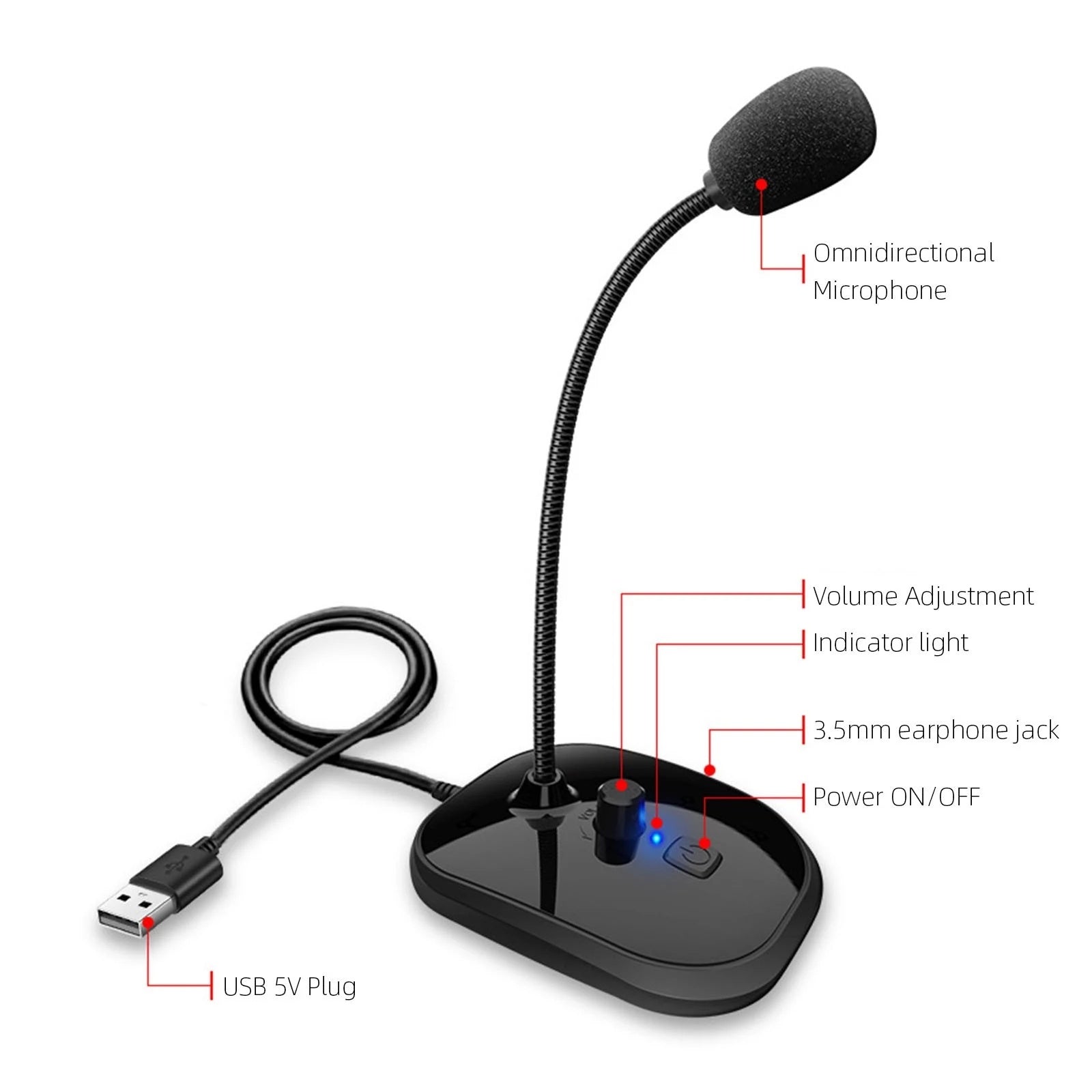 Gooseneck Computer Microphone USB Sound Card Monitor