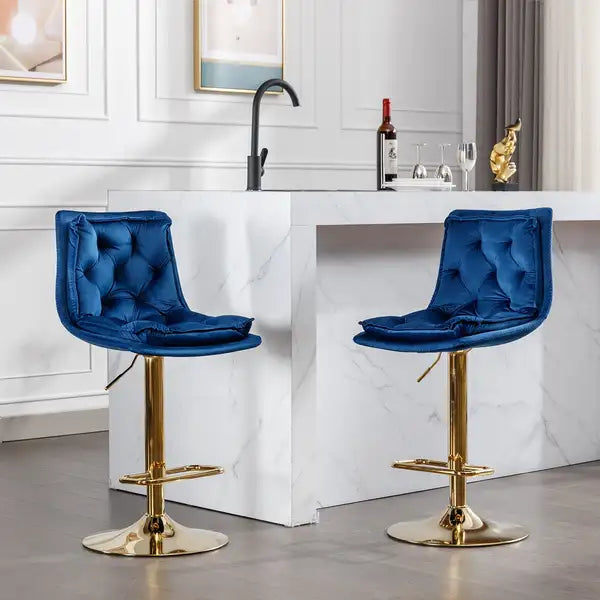 Set of 2 Swivel Bar Stools | Velvet Upholstery, Chrome Base, Height Adjustable, Blue