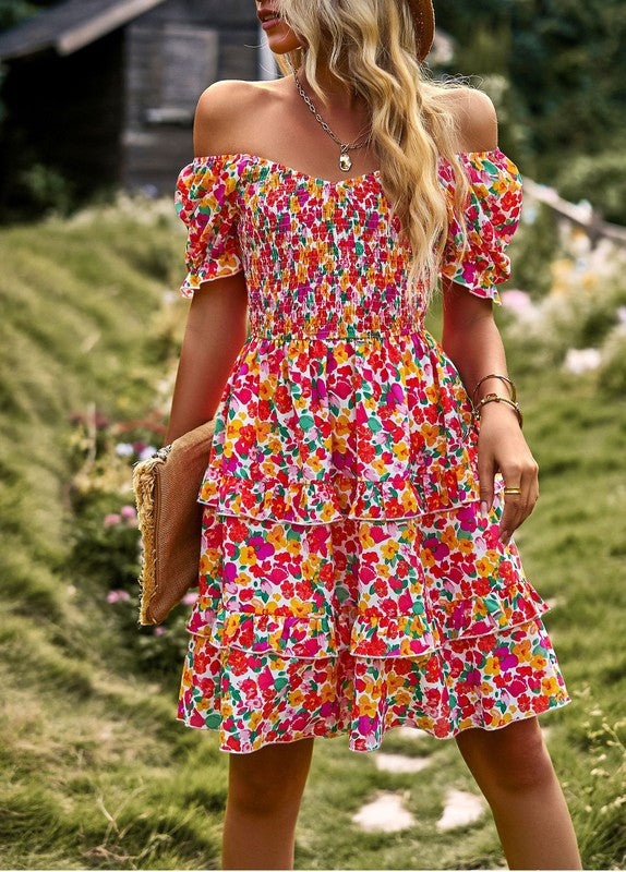 Women's Boho Floral Square Neck Short Sleeve Dress - Summer Fashion