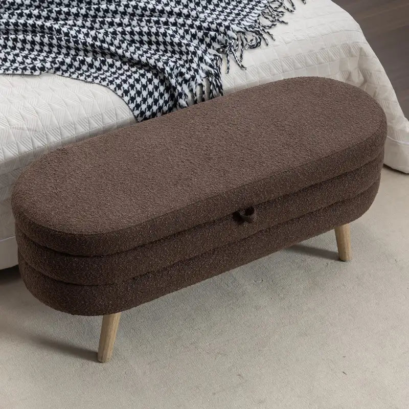 Brown Boucle Fabric Storage Bench with Wooden Legs - Bedroom & Living Room