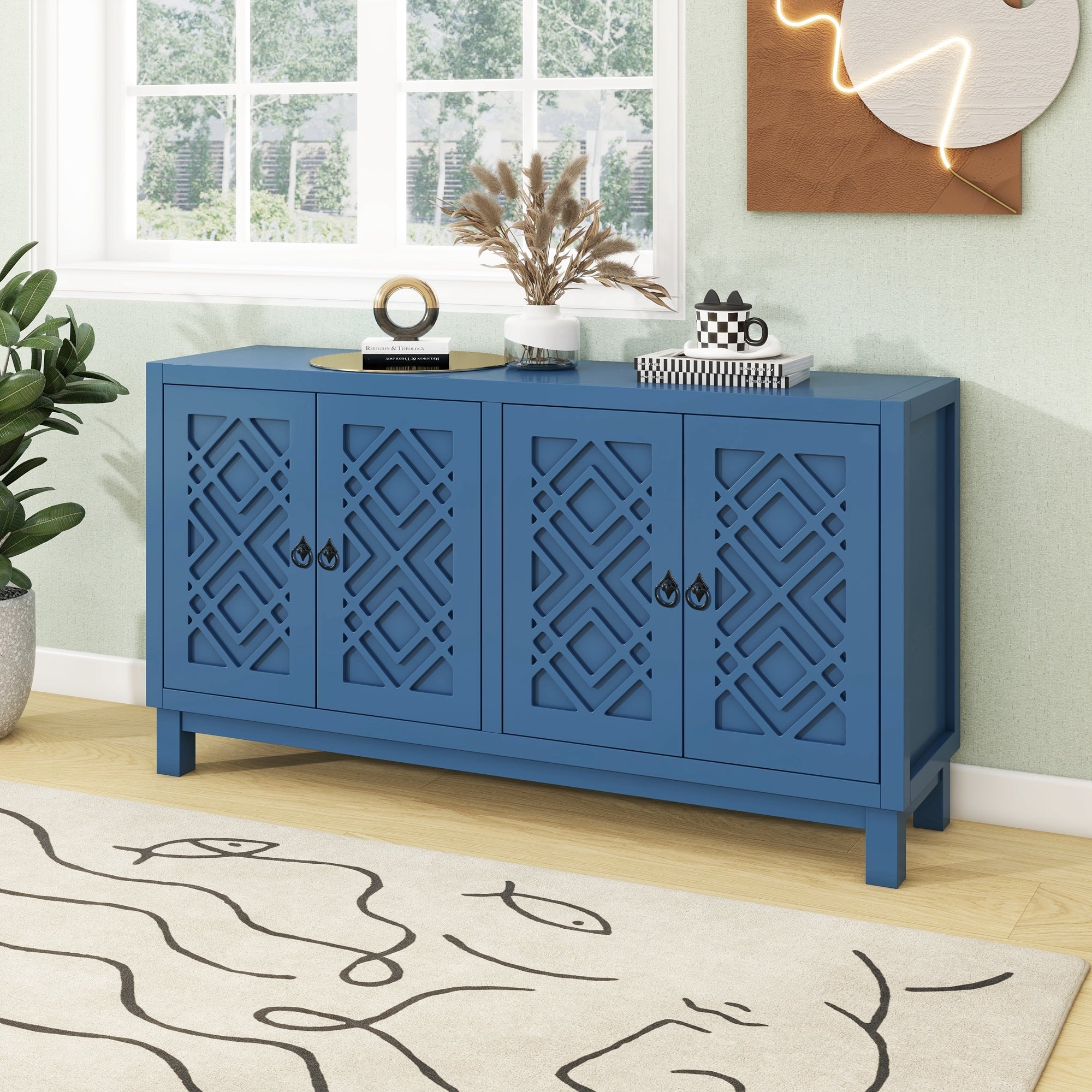 Navy Sideboard Buffet Cabinet with 4 Doors & Storage Space for Living Room or Dining Room