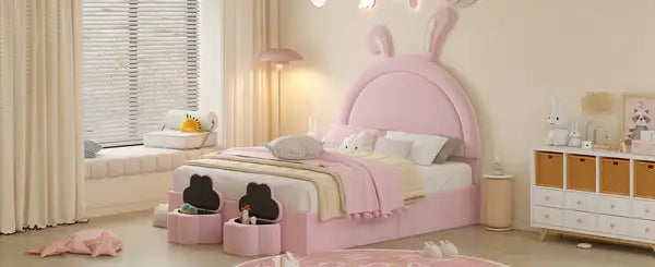 Full Size Upholstered Rabbit Bed with Storage Stools, Pink Velvet Platform Bed with Ears Headboard - Minihomy