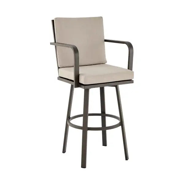 Faye Brown Aluminum Patio Barstool with Beige Cushions - 30 Inch Modern Outdoor Seating - Minihomy