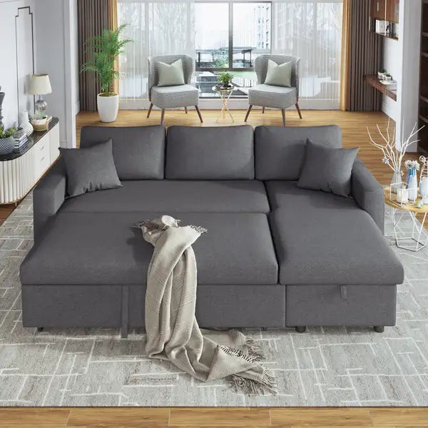 Grey Sleeper Sectional Sofa with Storage & Cushions - U_STYLE