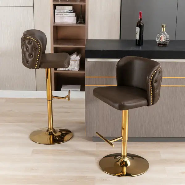 Brown Swivel Barstools Set of 2 - Adjustable Height, Tufted Back, Modern PU Upholstery for Kitchen Island & Pub - Minihomy