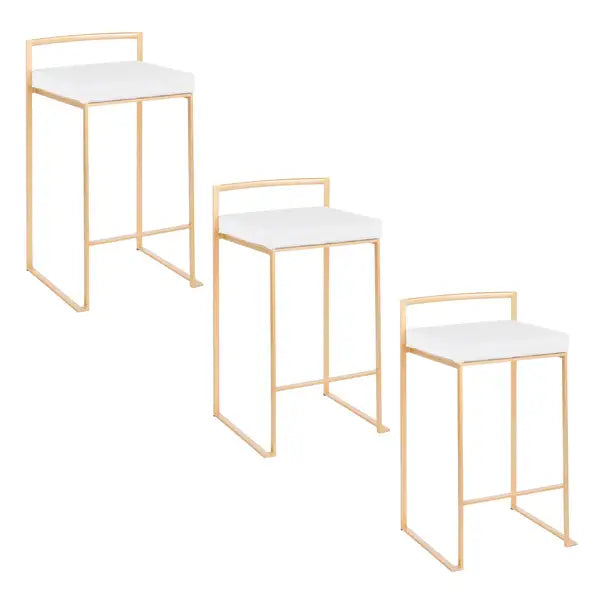 LumiSource Fuji Gold Metal Counter Stools (Set of 3) - White Velvet Cushions