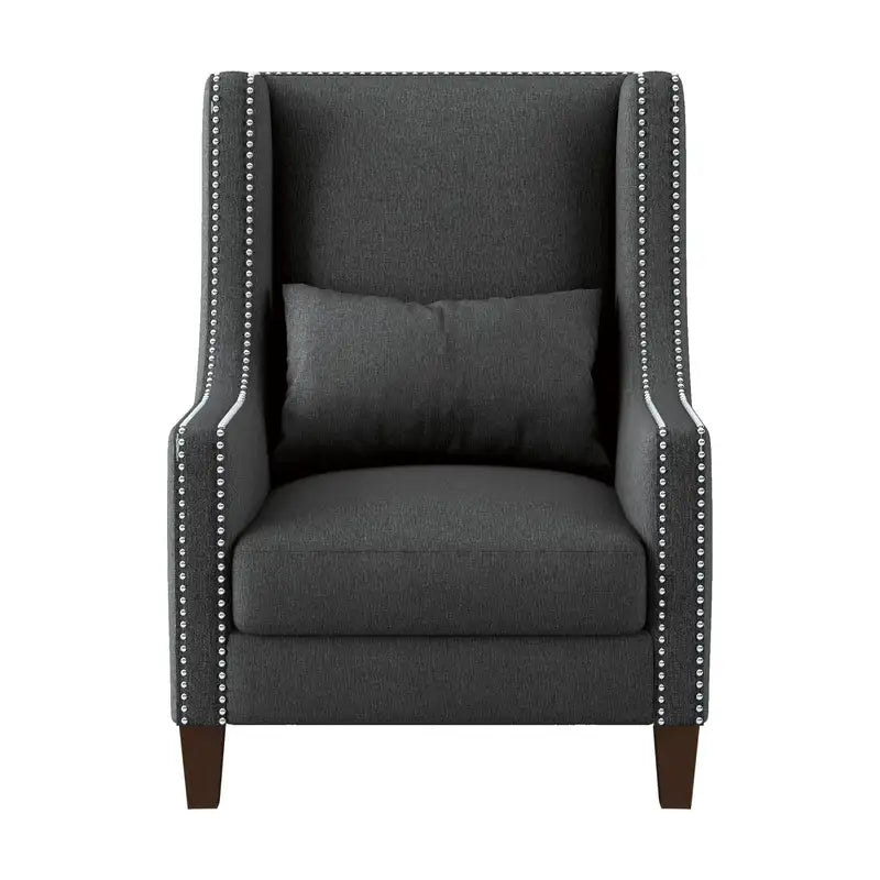 Dark Gray Accent Chair with Pillow – Modern Nailhead Trim Living Room Chair