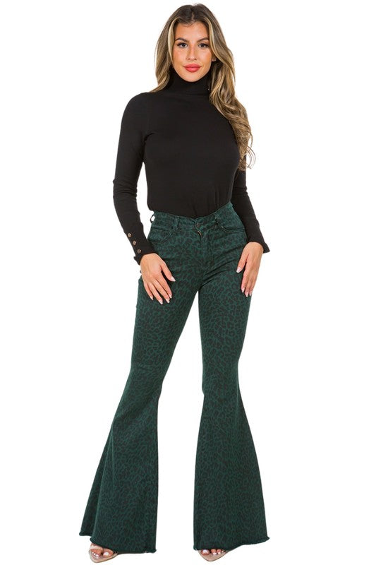 Leopard Print Bell Bottom Jeans in Pine Green - Stylish Women's Fashion