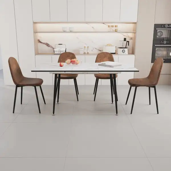 Modern White Dining Table Set with Brown Round Chairs for 2-6 People - 4 Piece Set