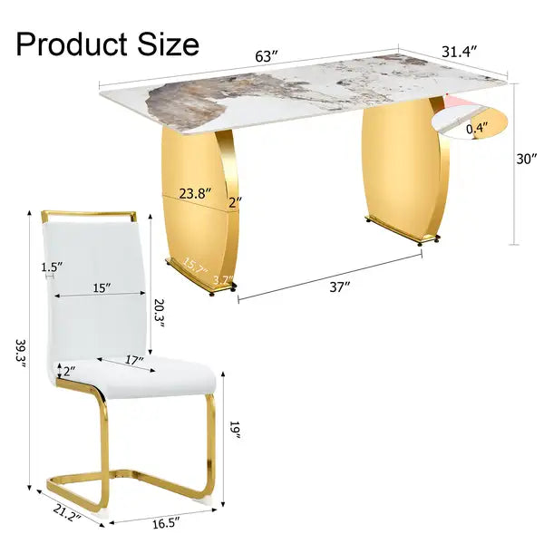 Modern Dining Table & Chair Set - Gold Metal Legs, Rock Plate Top, Stable & Stylish - Minihomy