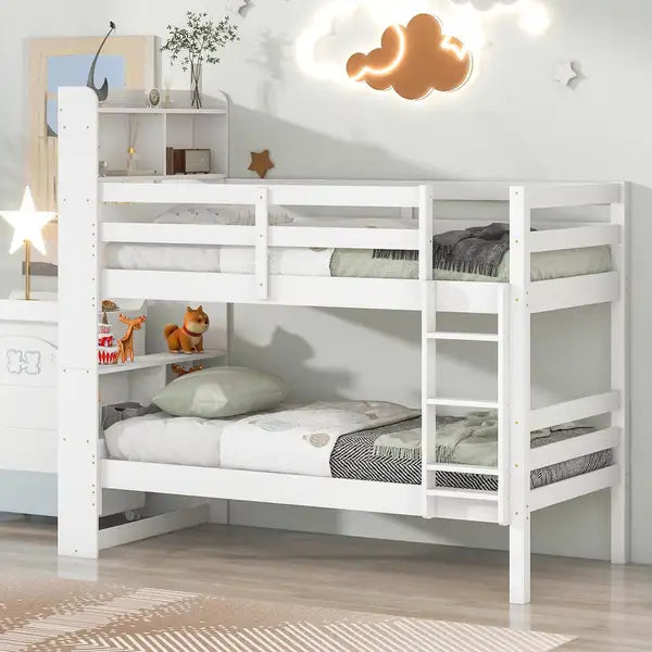 Twin Over Twin Bunk Bed with Bookcase Headboard - White Solid Wood - Kids/Teens Bedroom Furniture