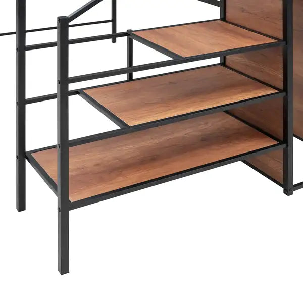 Full Size Metal Loft Bed with Desk, Storage Ladder & Wardrobe - Black - Minihomy