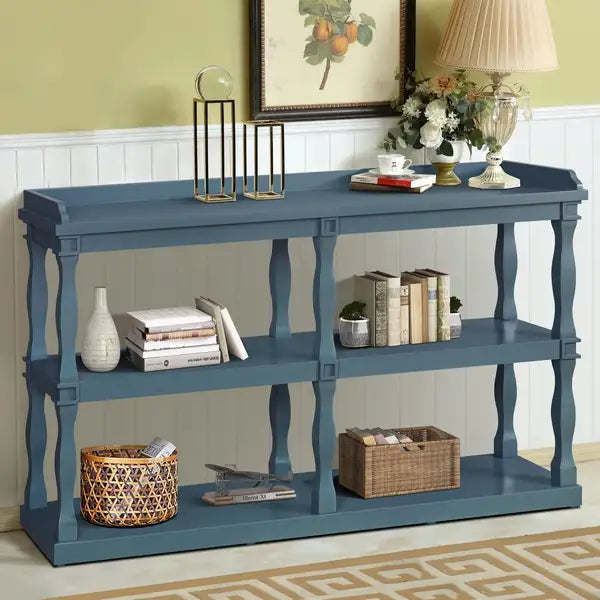 Navy Blue Console Table with Roman Columns - 3-Tier Storage