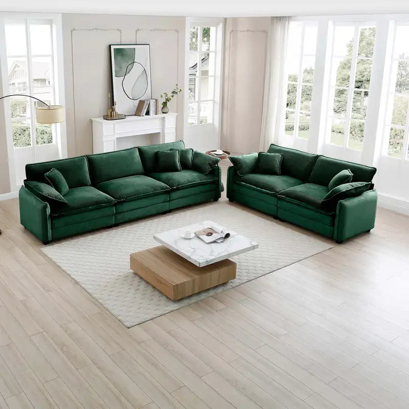 Green Corduroy Sofa Set (2+3 Seater) - Deep Seating for Living Room