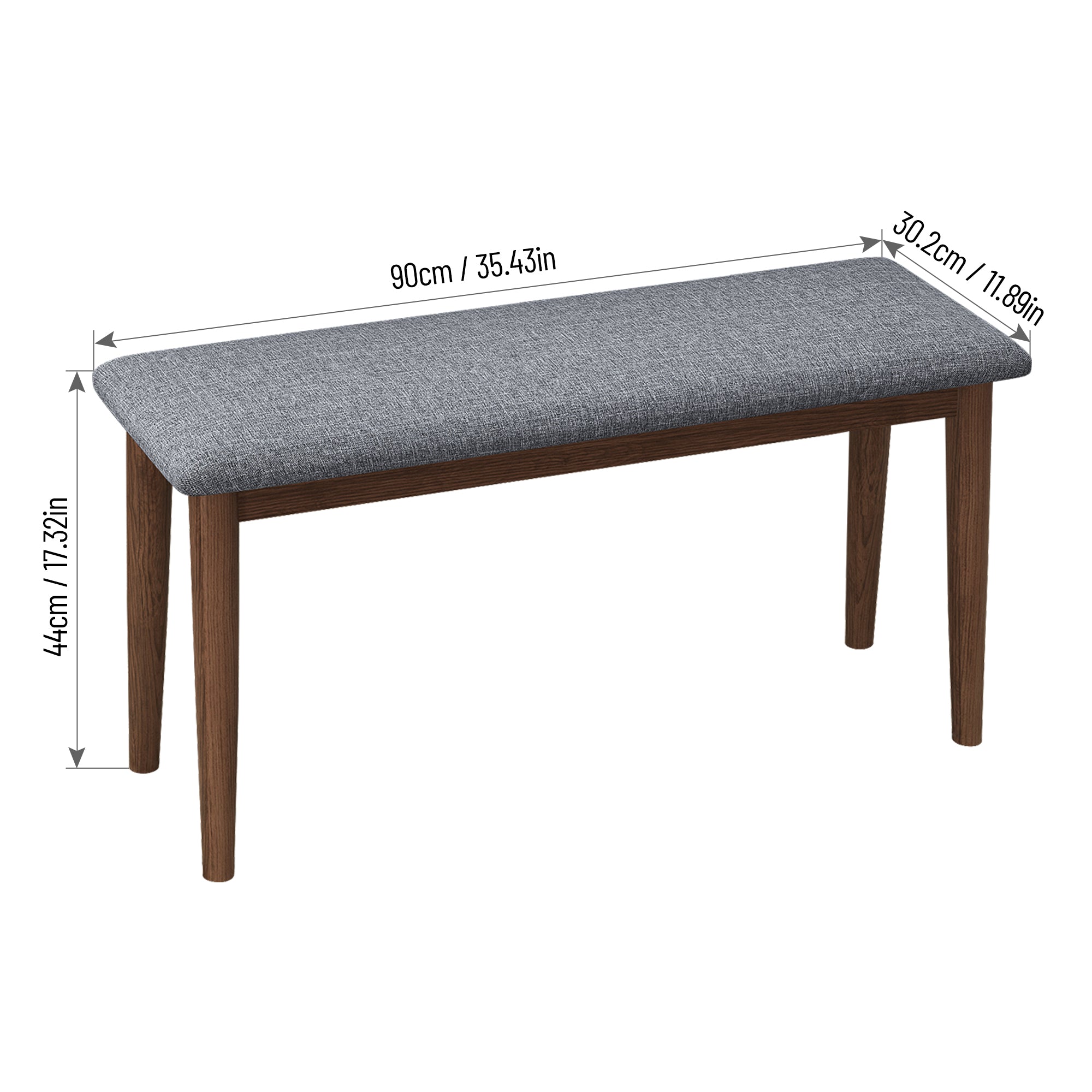 Upholstered Bench Set of 2, Retro Dining Room Bench with Rubberwood Frame, Grey & Walnut