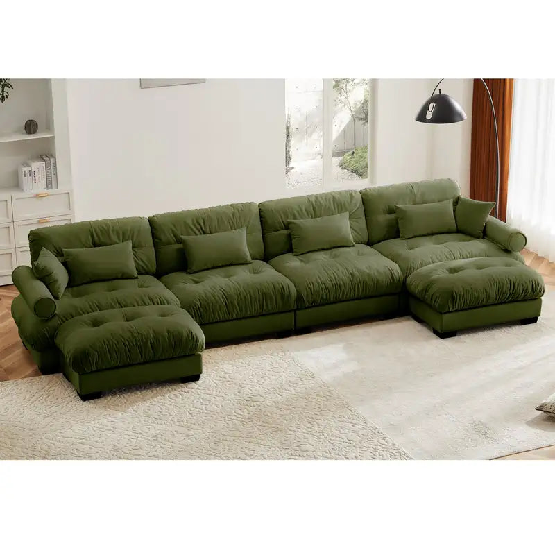 Olive Green Velvet U-Shaped Sectional Sofa with Ottomans